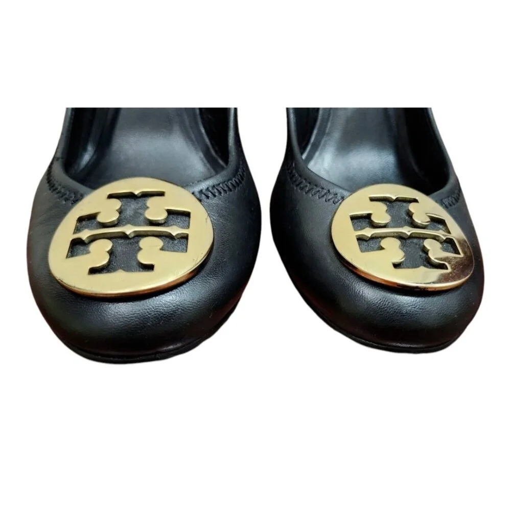Tory Burch Black Leather Wedge Pumps with Gold Logo